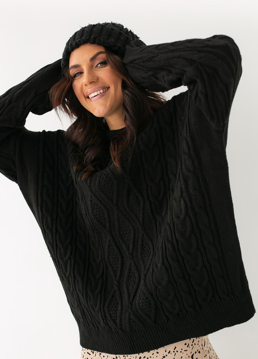 Чорний зимовий в'язана кофта вільного фасону з орнаментом. чорний колір Fame