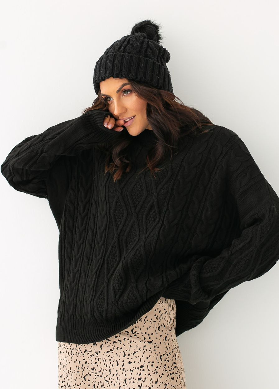 Чорний зимовий в'язана кофта вільного фасону з орнаментом. чорний колір Fame