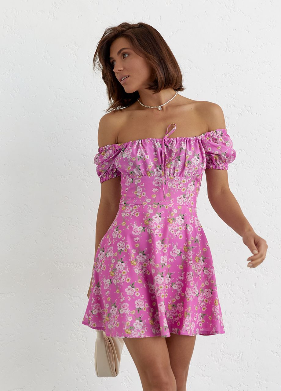Розовое женское летнее платье мини в цветочный принт Lurex