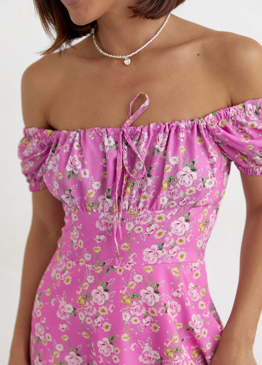 Розовое женское летнее платье мини в цветочный принт Lurex