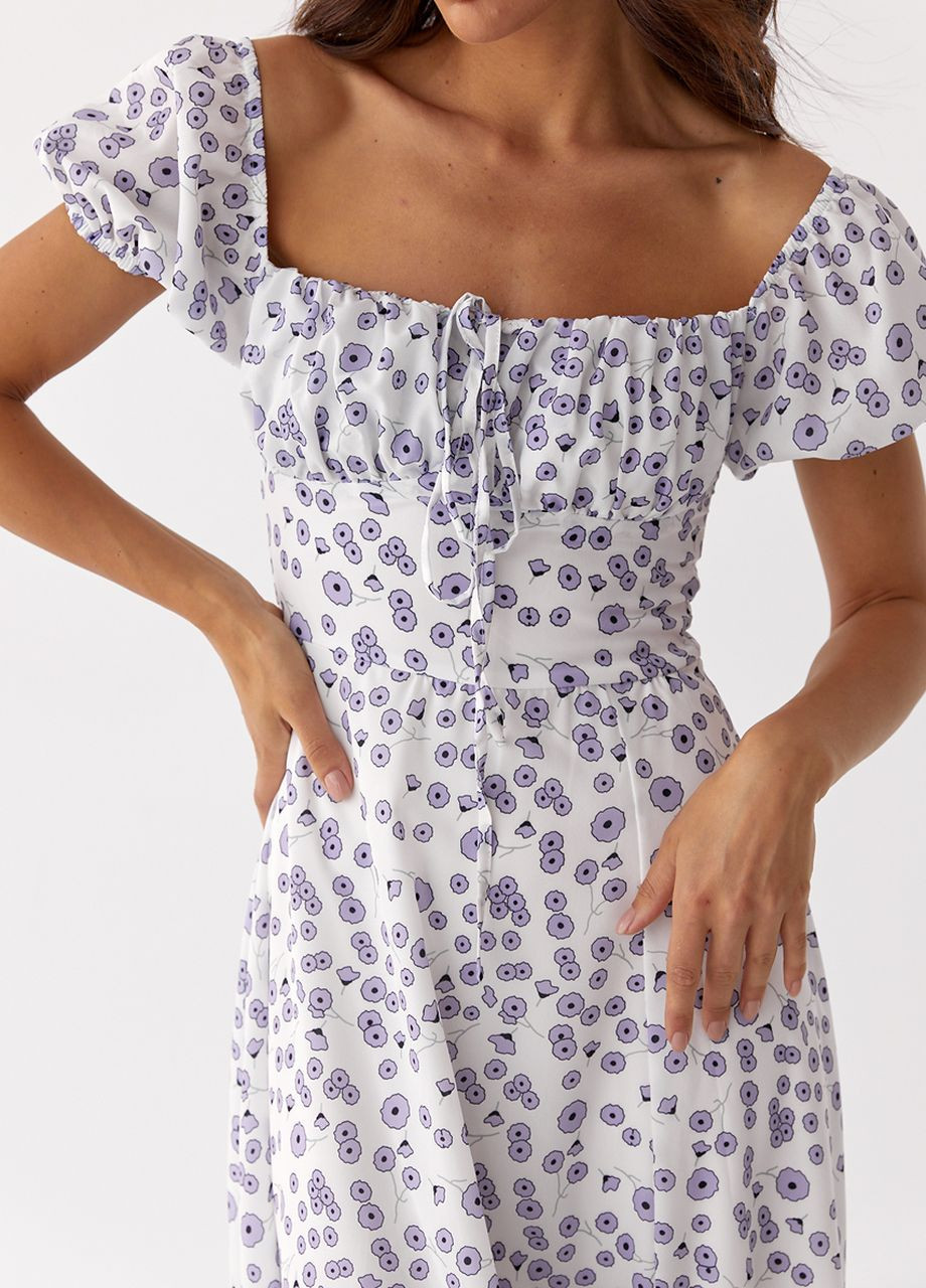 Лавандовое длинное платье с разрезом и кулиской на груди Modaway