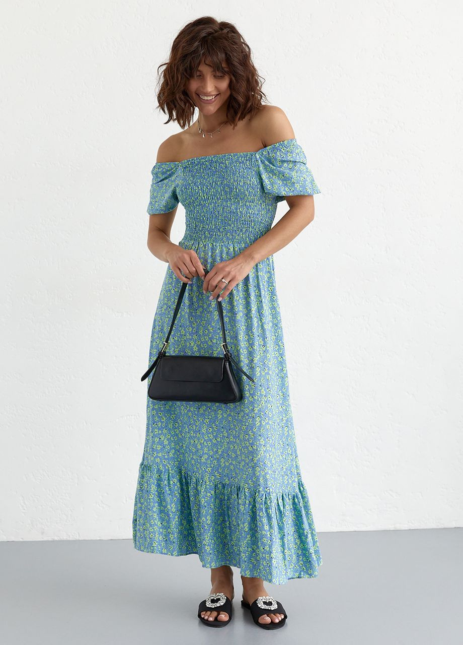 Синее женское длинное платье с эластичным поясом Fame