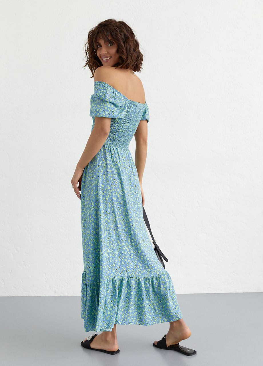 Синее женское длинное платье с эластичным поясом Fame