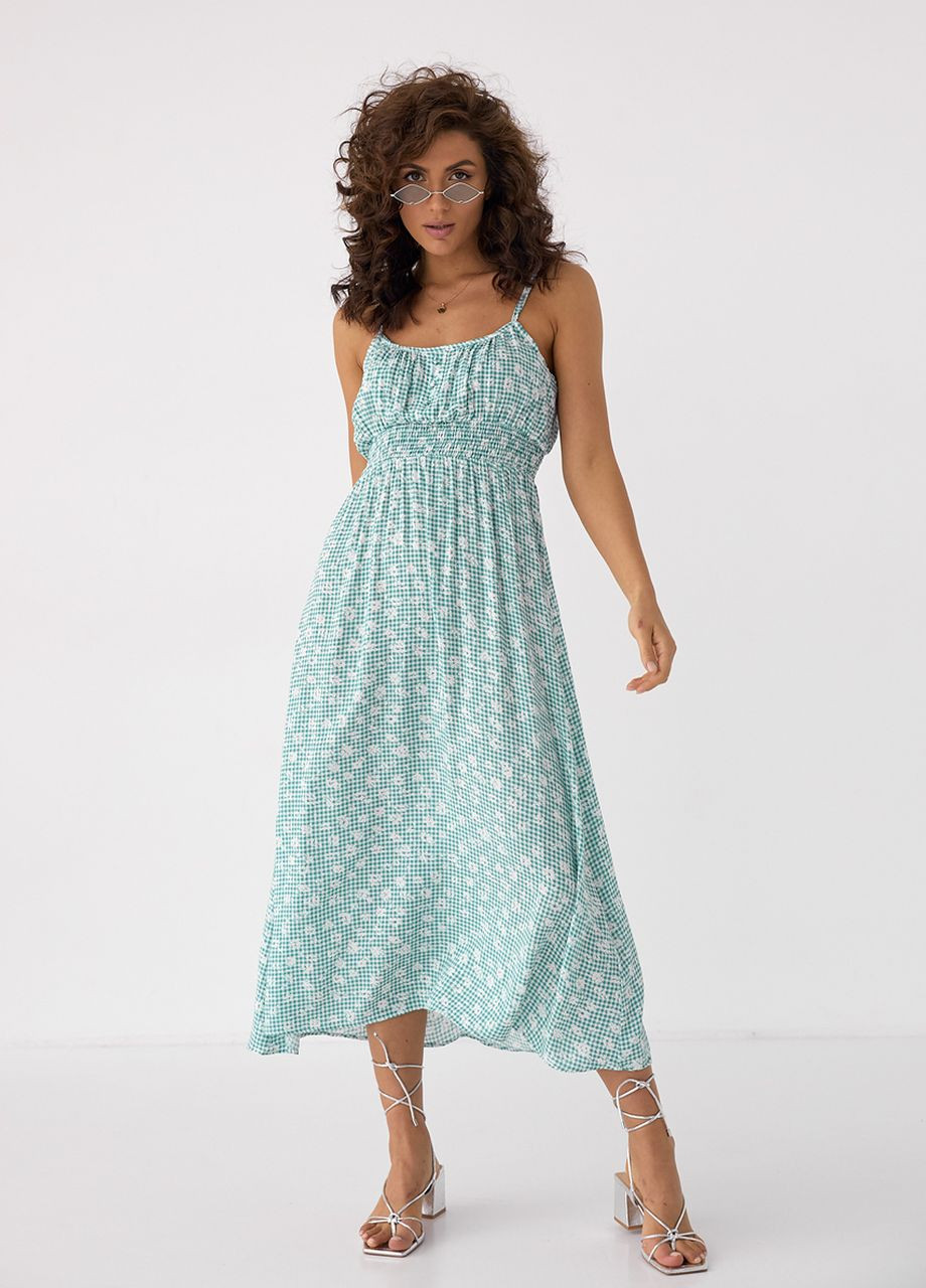 Зеленое летний сарафан на бретелях с резинкой на талии DK