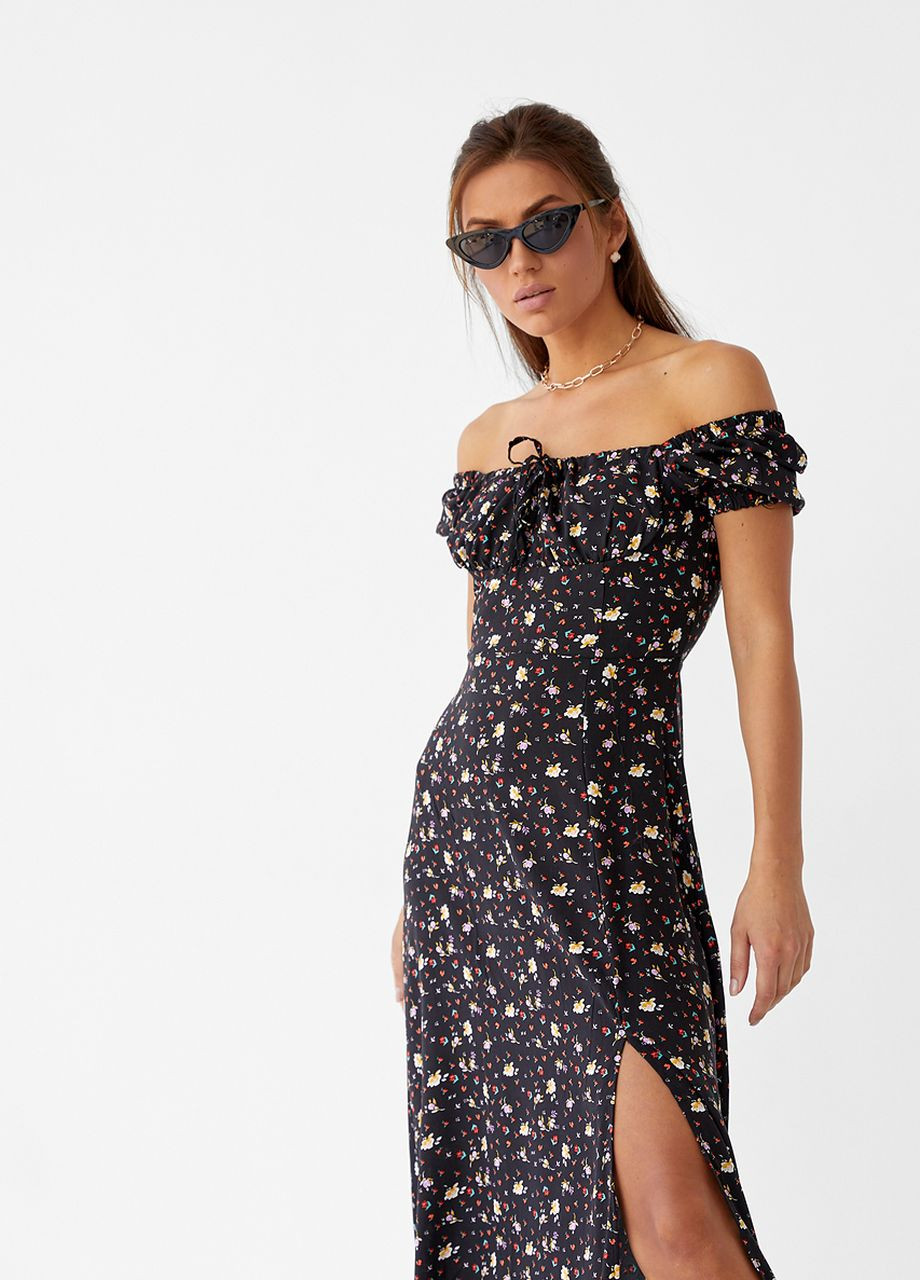 Чорна жіноча сукня довжини міді з куліскою на грудях Pick-Up