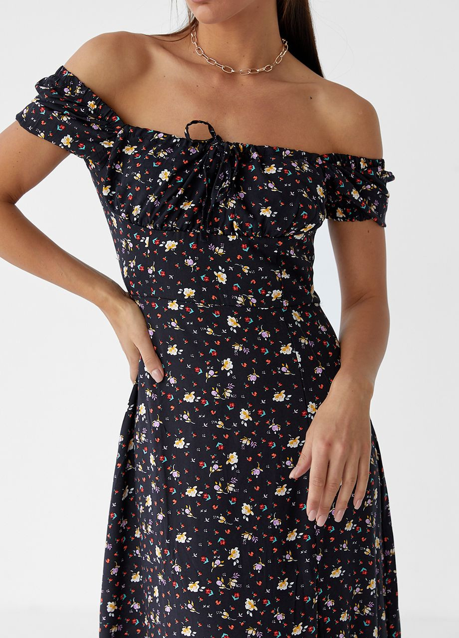 Чорна жіноча сукня довжини міді з куліскою на грудях Pick-Up