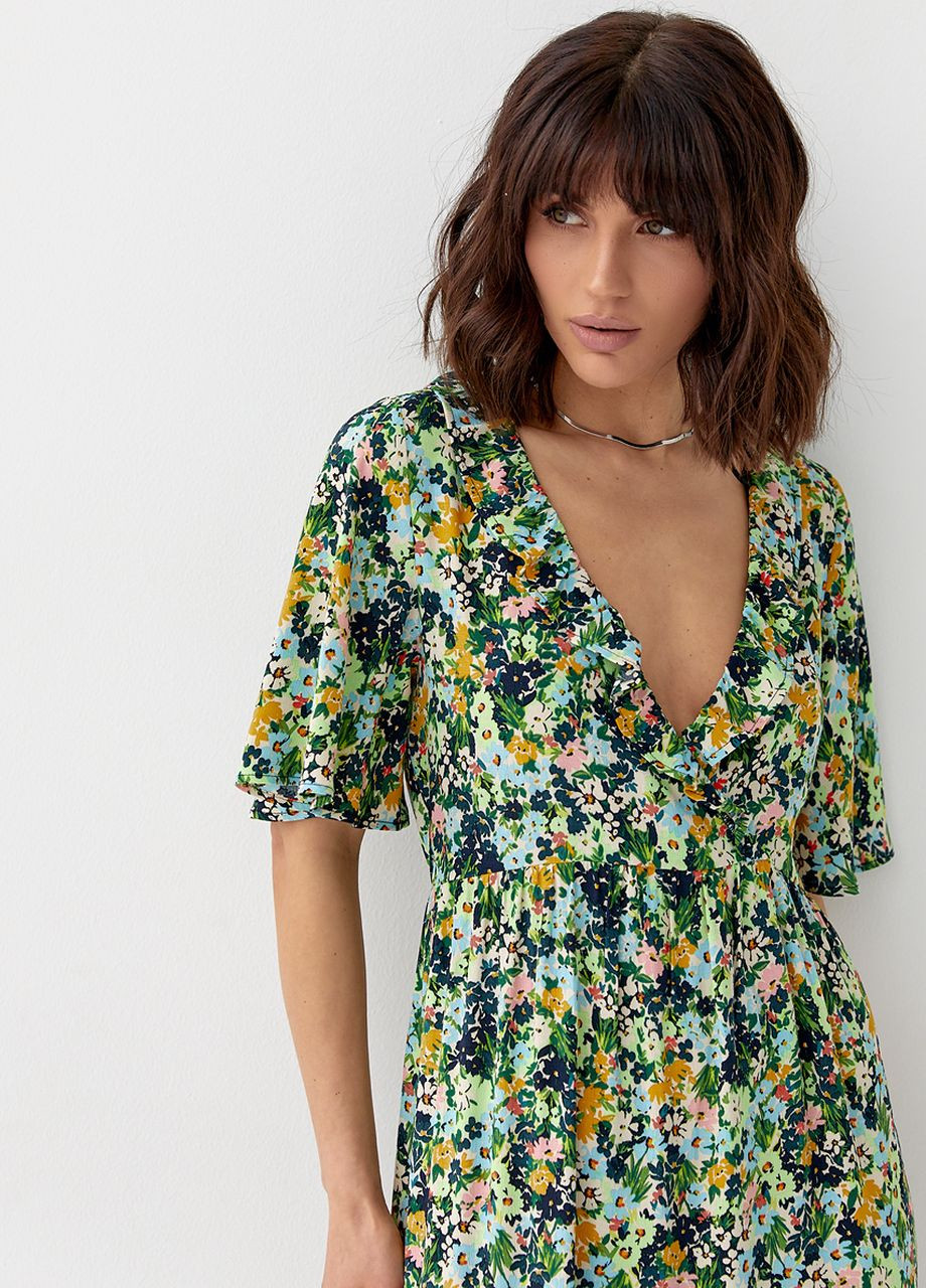 Салатова довга сукня з оборкою та квітковим принтом Lurex