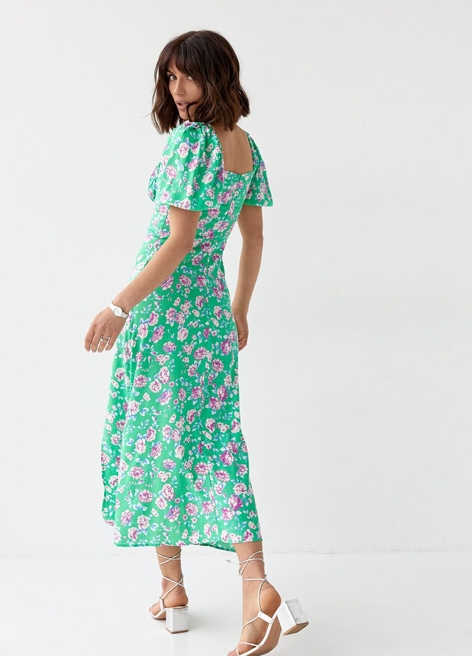 Зеленое летнее цветочное платье миди с кулиской на груди Lurex