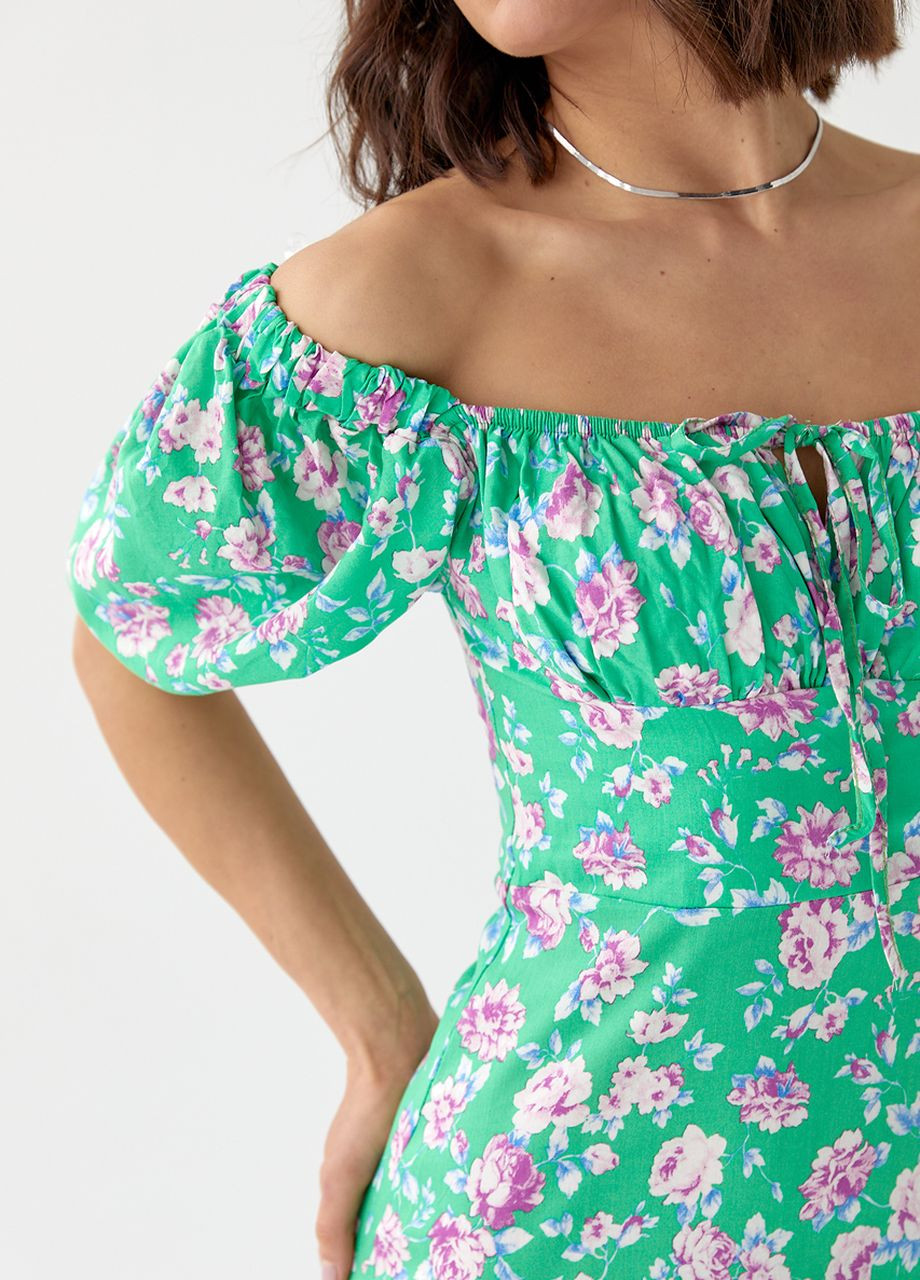 Зелена літня квіткова сукня міді з куліскою на грудях Lurex