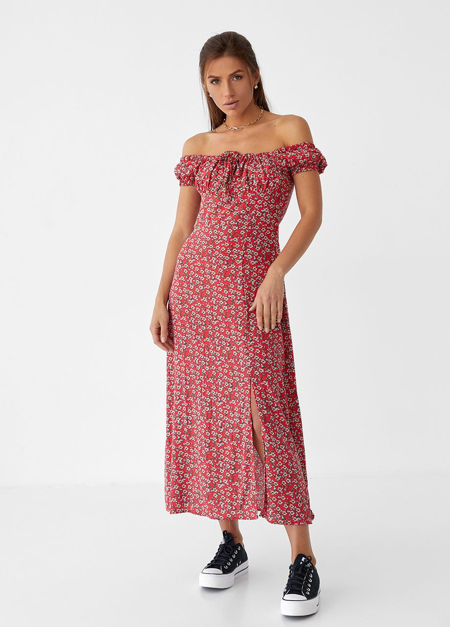 Червона жіноча сукня довжини міді з куліскою на грудях Pick-Up