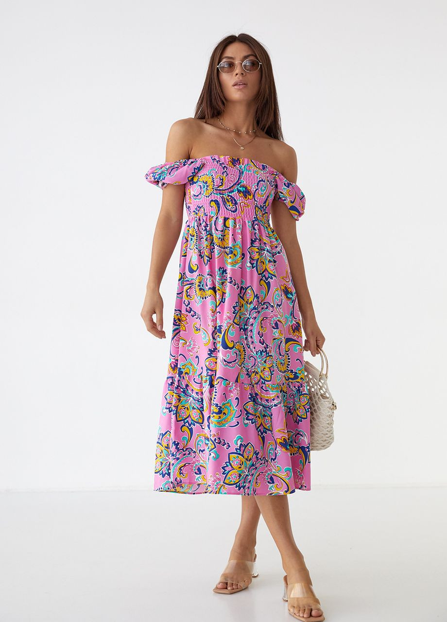 Розовое летнее женское платье с резинками на талии Fame