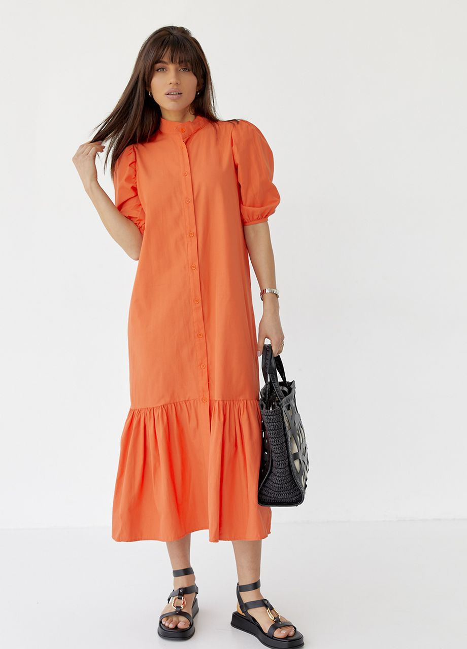Оранжевое длинное платье на пуговицах с оборкой по низу Lurex