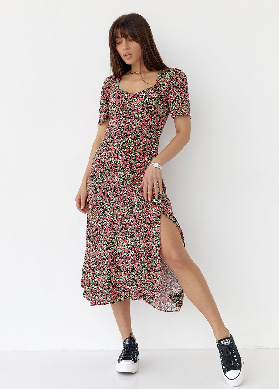 Чорна сукня міді з розрізом у квітковий принт Lurex