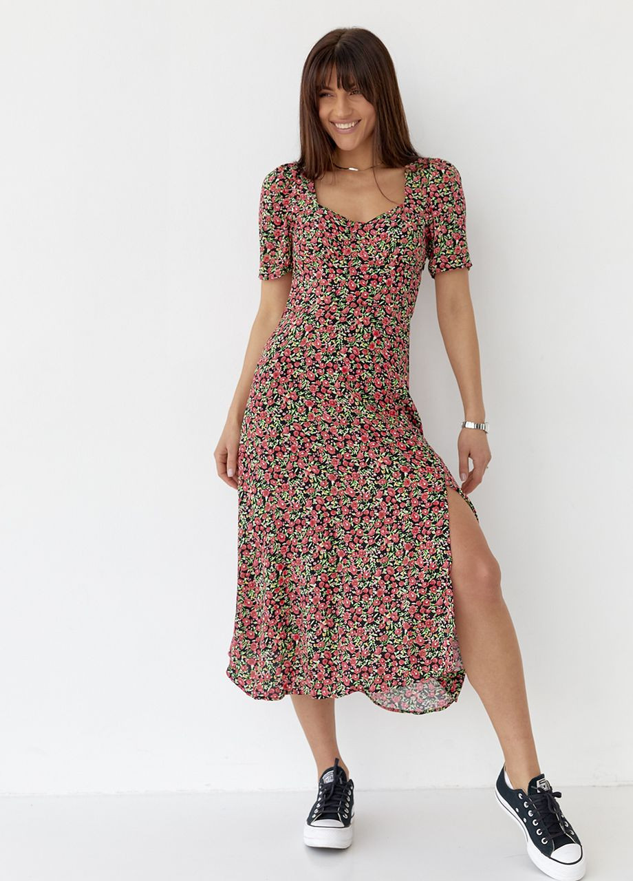 Чорна сукня міді з розрізом у квітковий принт Lurex