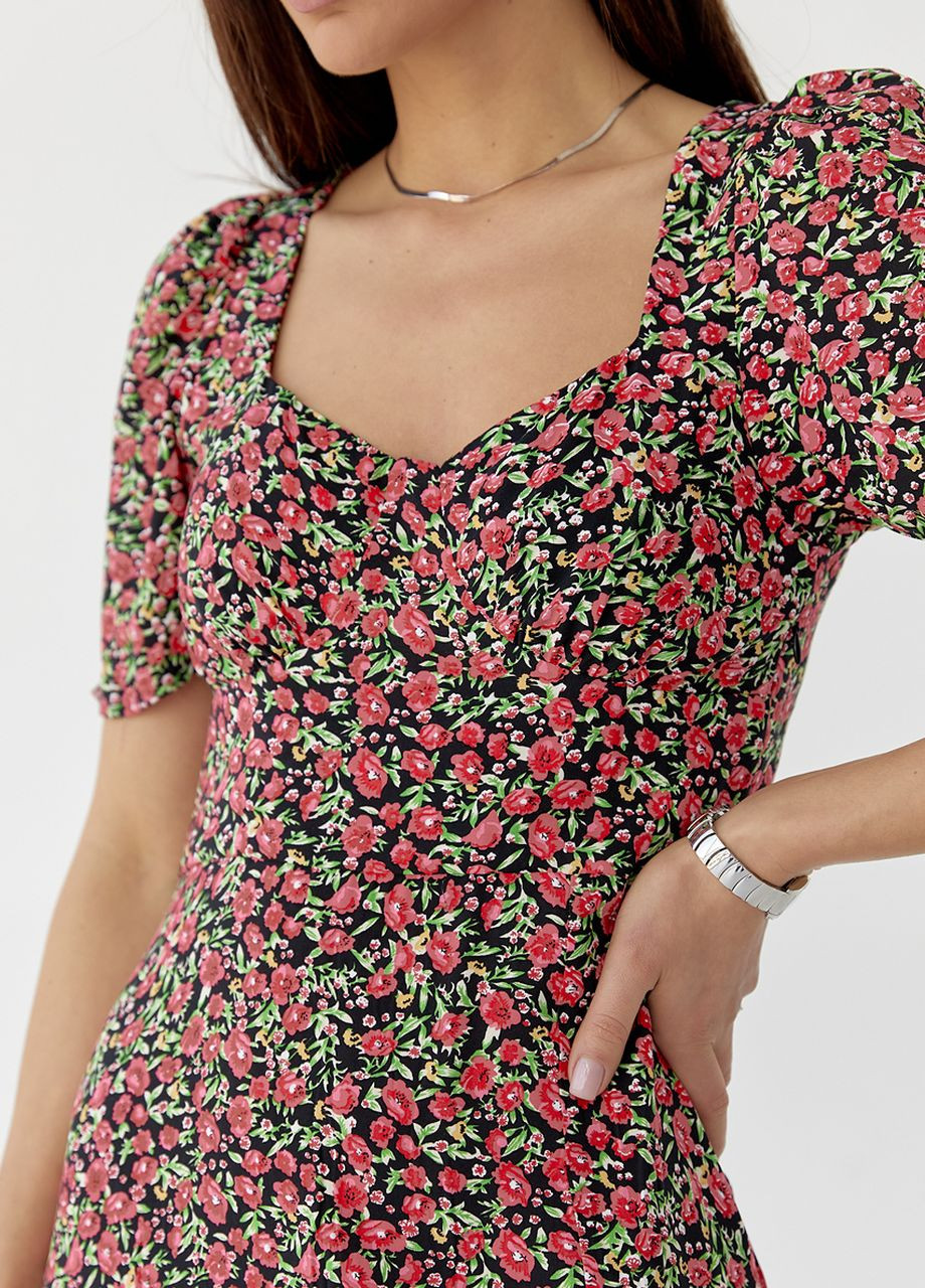 Чорна сукня міді з розрізом у квітковий принт Lurex