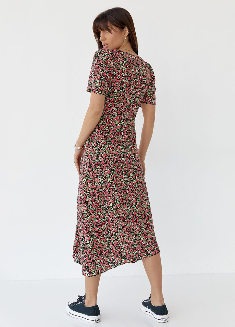 Чорна сукня міді з розрізом у квітковий принт Lurex