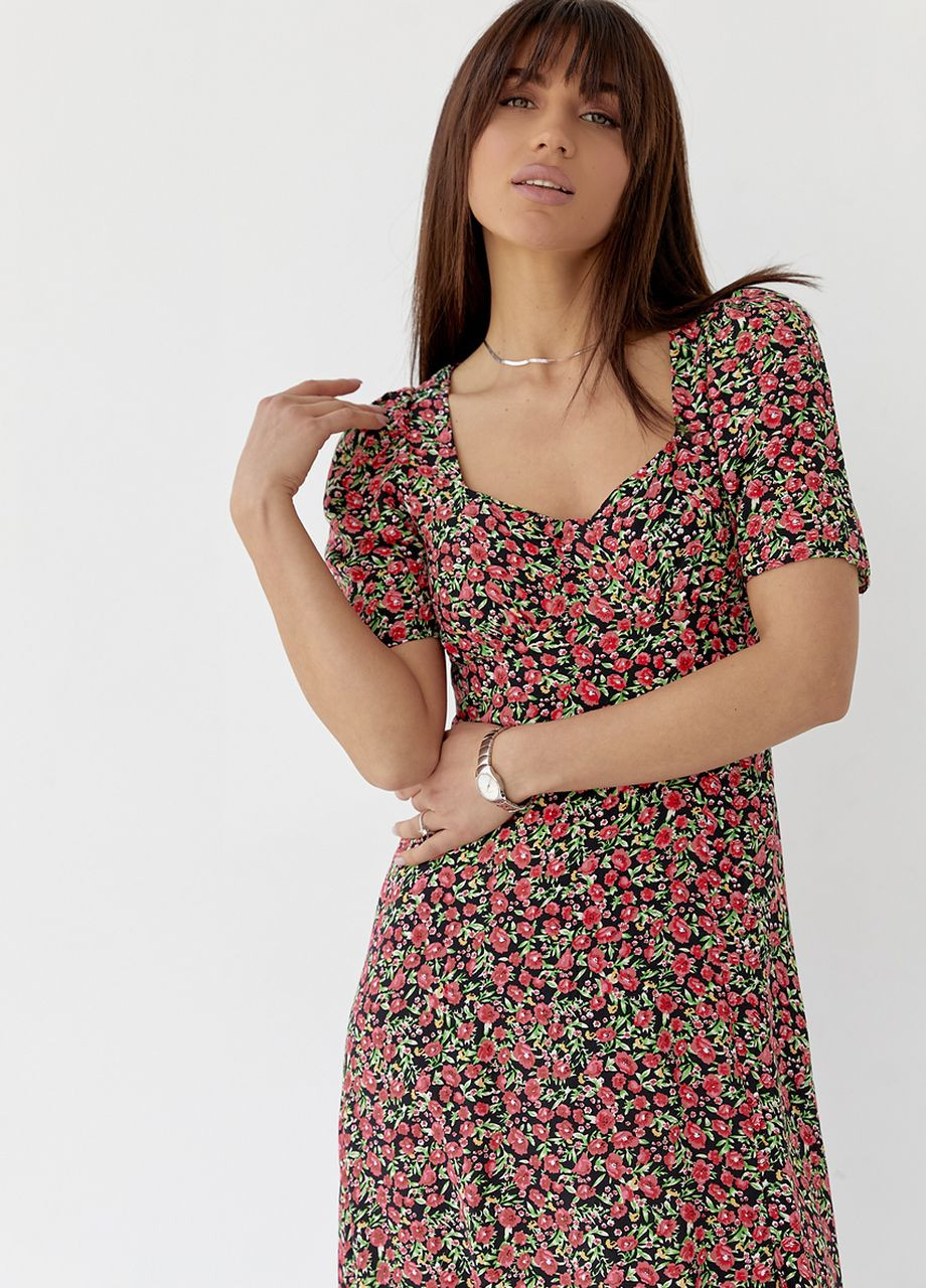 Чорна сукня міді з розрізом у квітковий принт Lurex