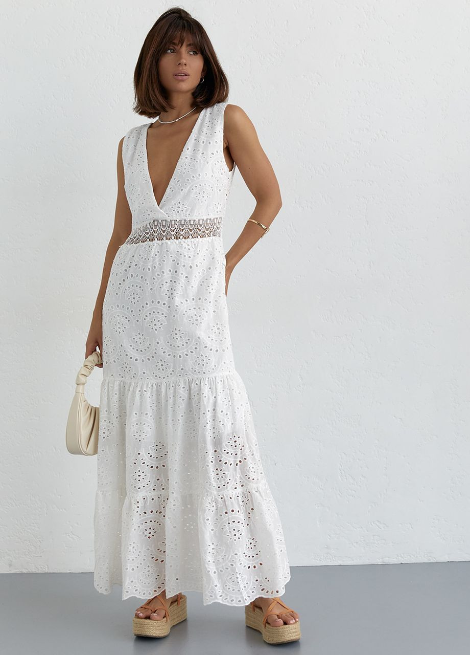 Білий довга сукня з прошви і мереживом на талії Lurex