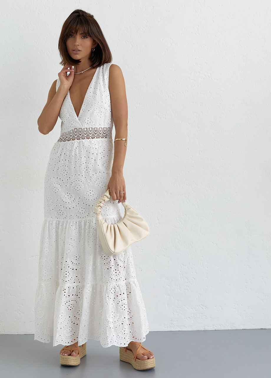 Белое длинное платье из прошвы и кружевом на талии Lurex