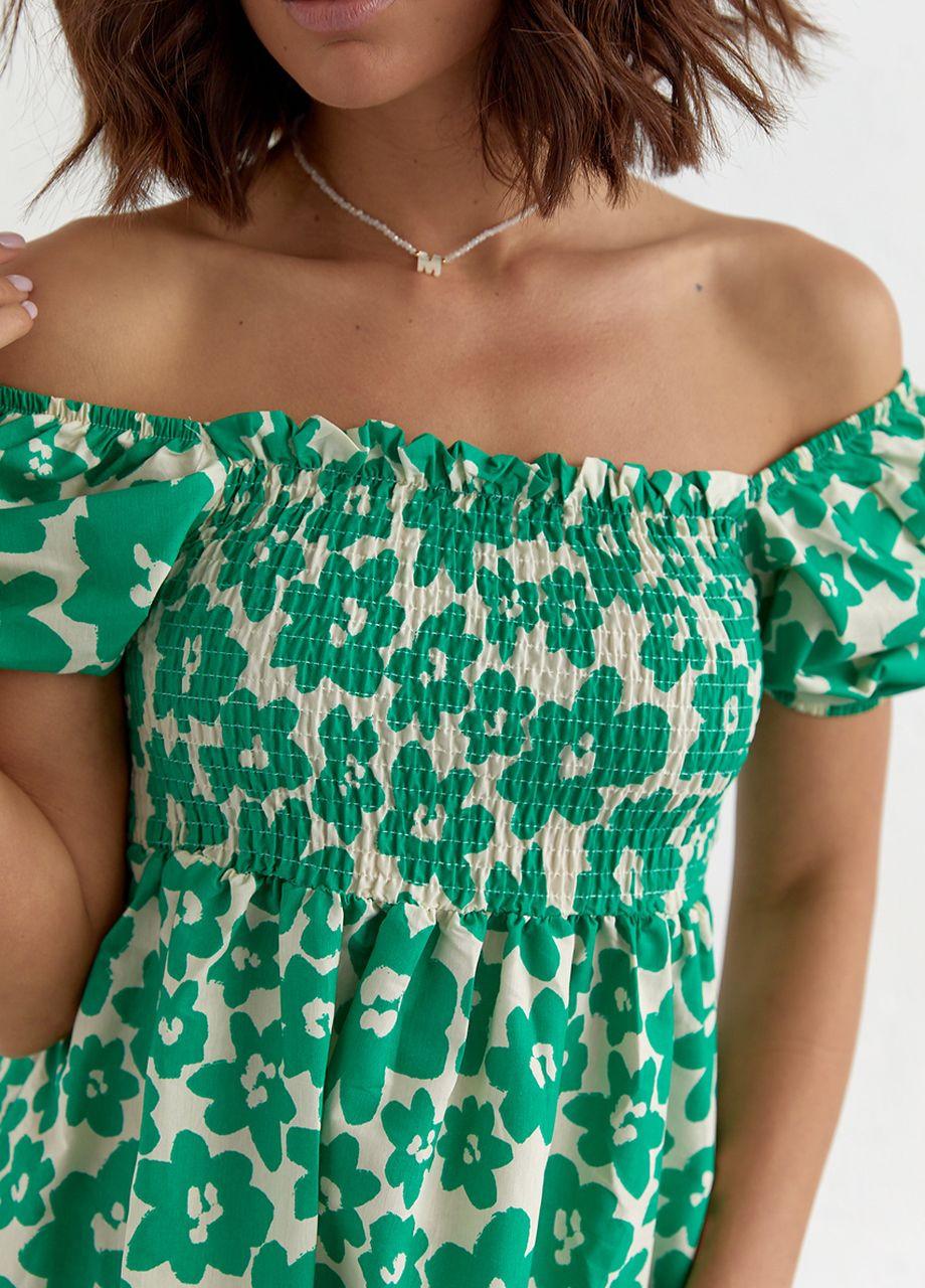 Зеленое платье в крупные цветы с открытыми плечами Lurex