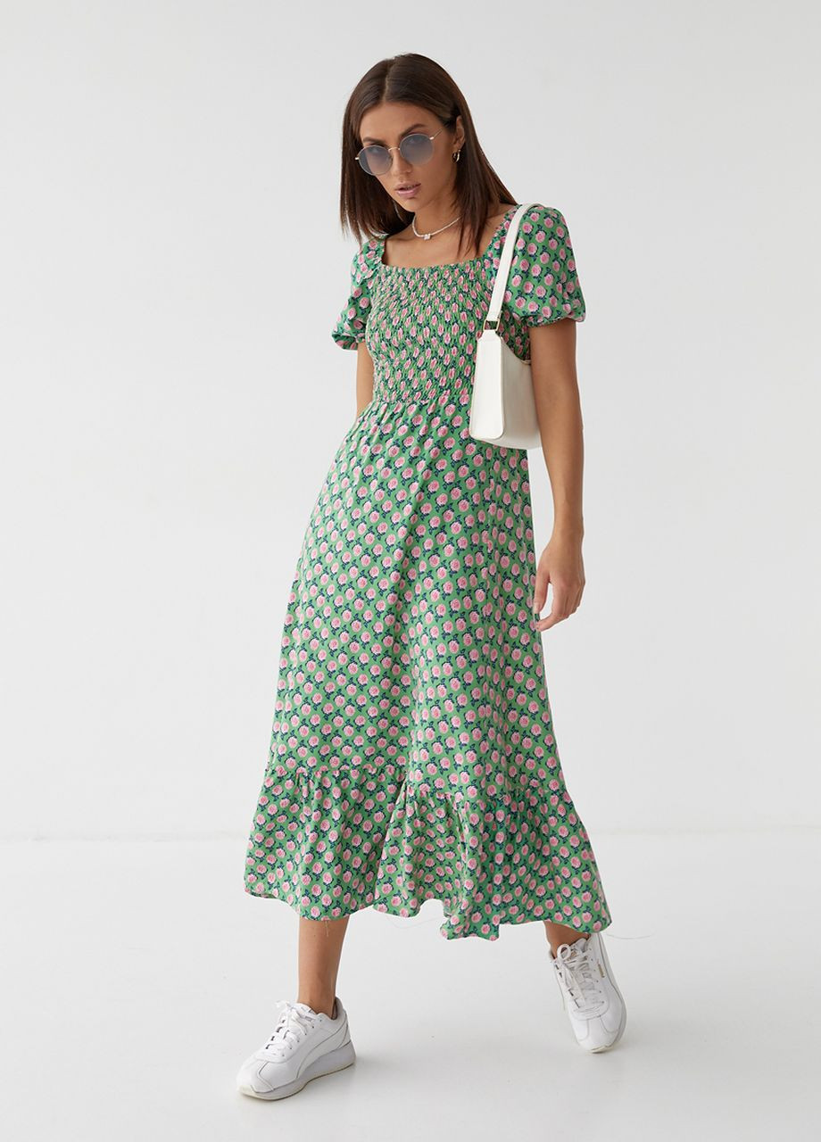 Зеленое женское длинное платье с эластичным поясом Fame