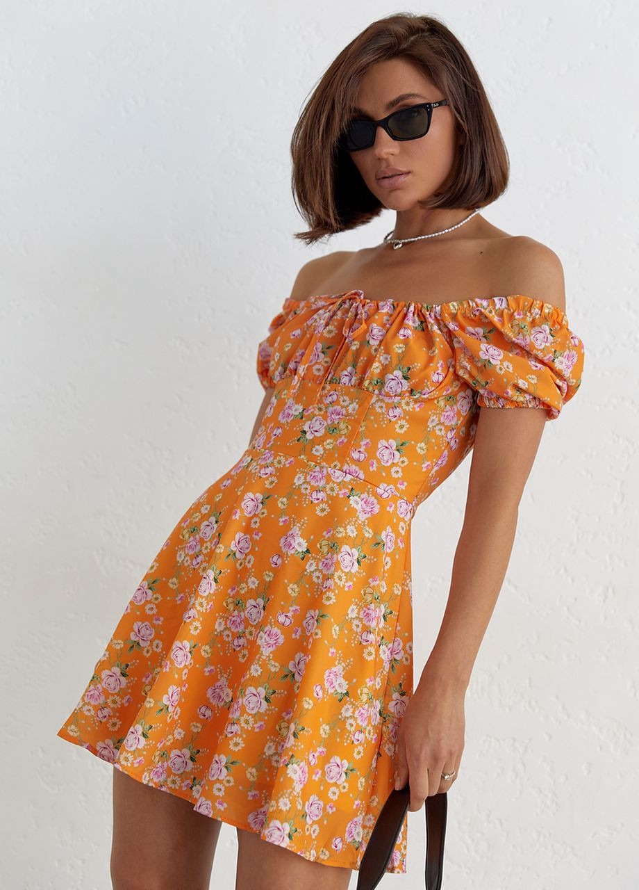 Оранжевое женское летнее платье мини в цветочный принт Lurex