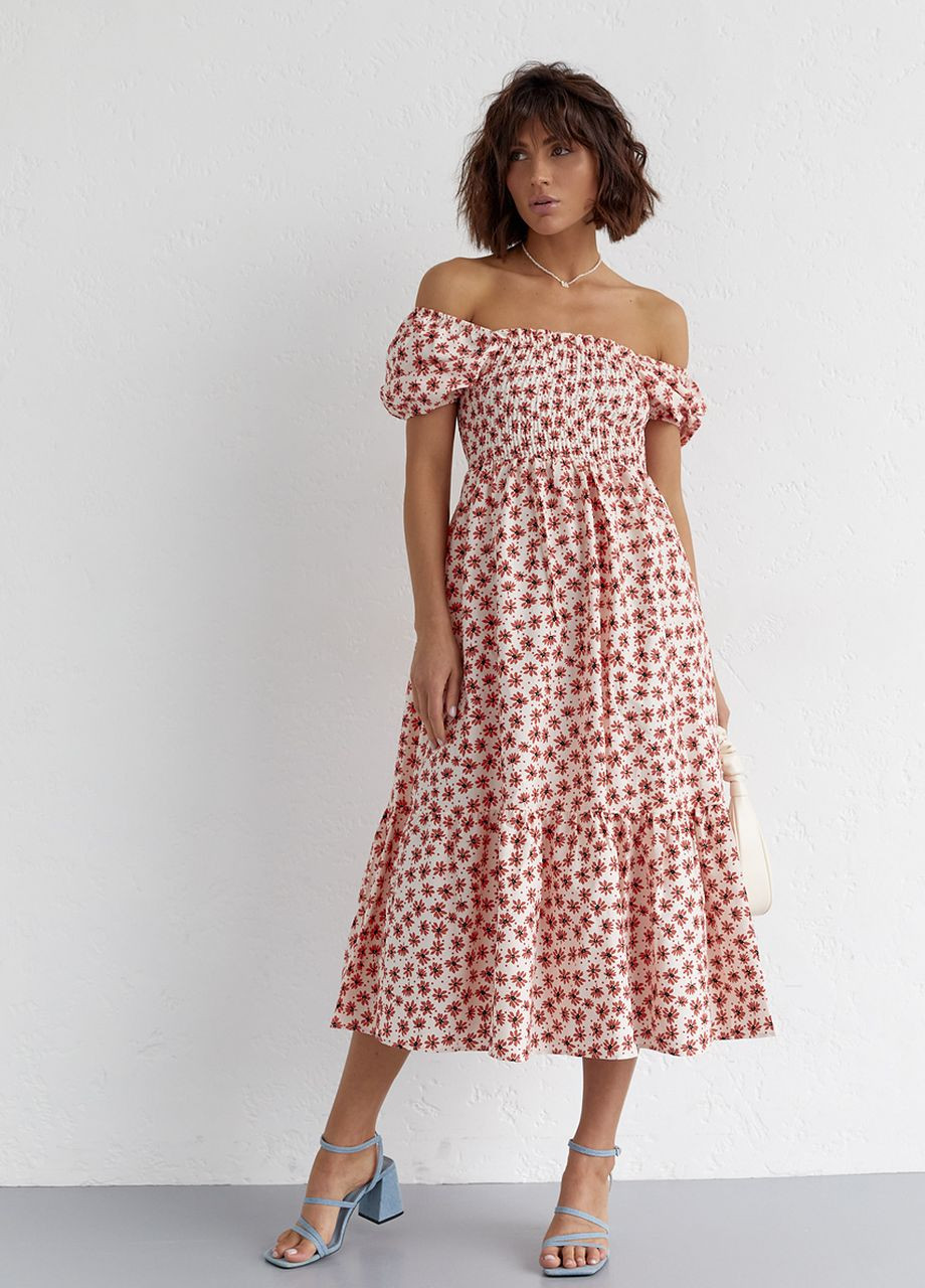 Теракотова сукня у дрібні квіти з відкритими плечима Lurex