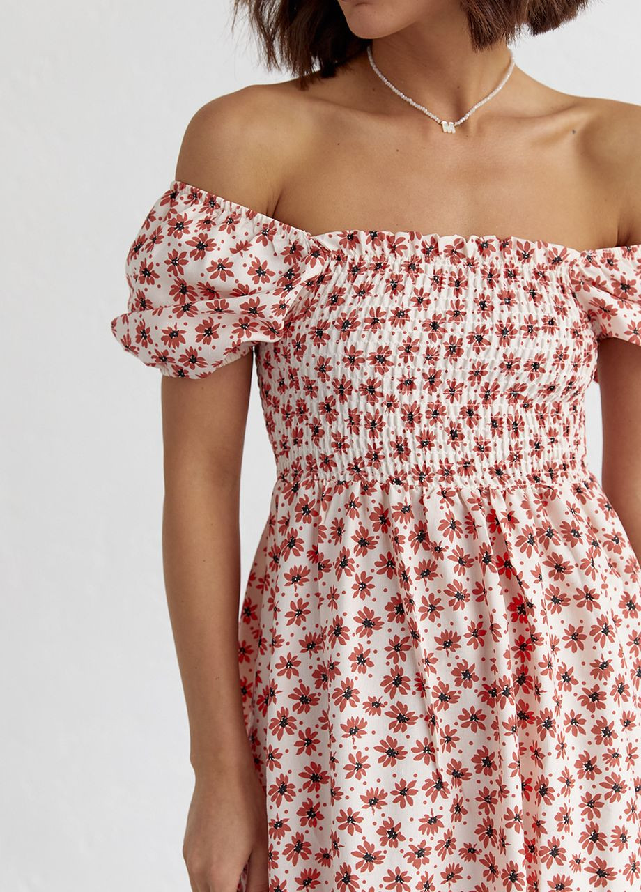 Терракотовое платье в мелкие цветы с открытыми плечами Lurex