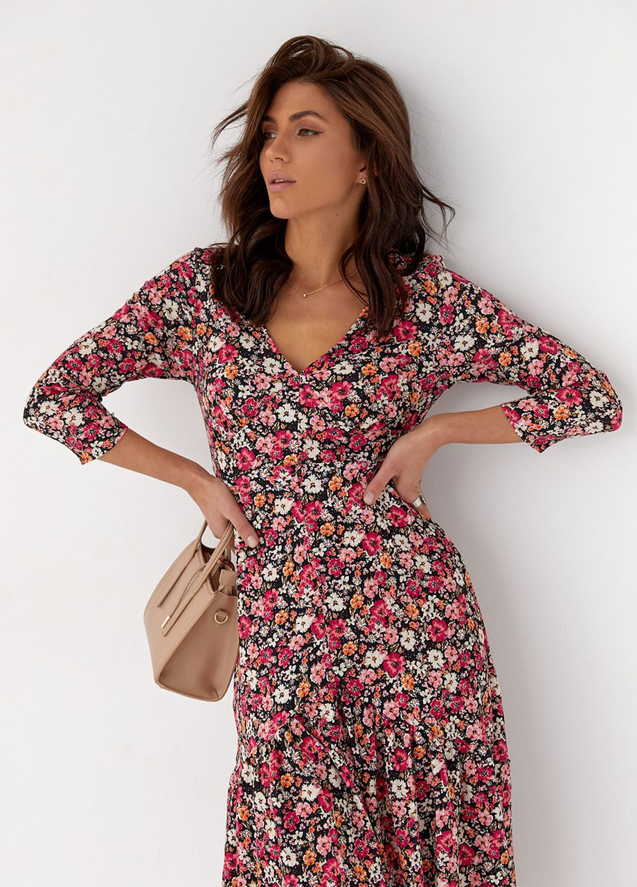 Розовое платье миди с цветочным принтом Crep