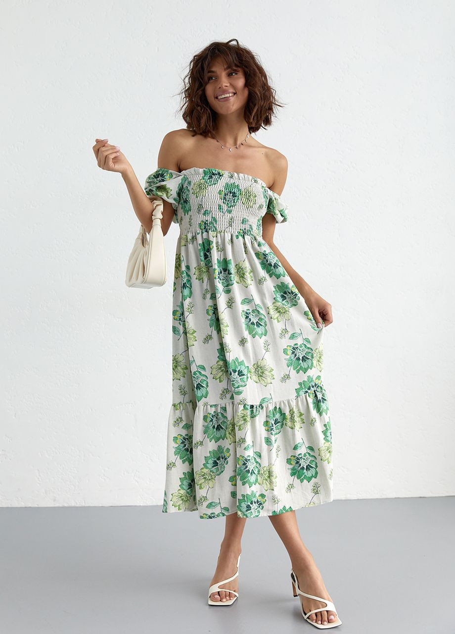 Зелена літнє плаття в квітковий візерунок з відкритими плечима Lurex