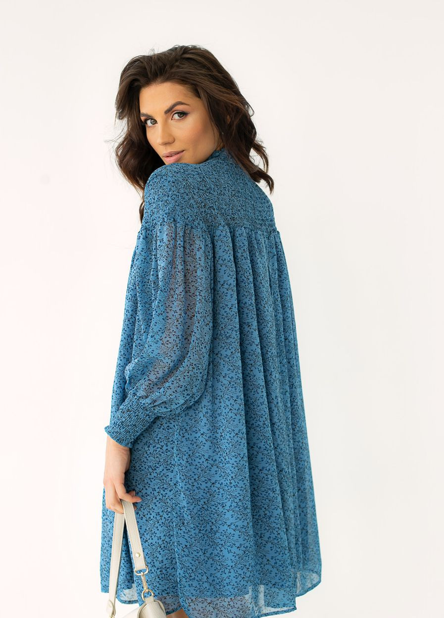 Синя шифонова сукня міді з коміром стійкою Hot Fashion