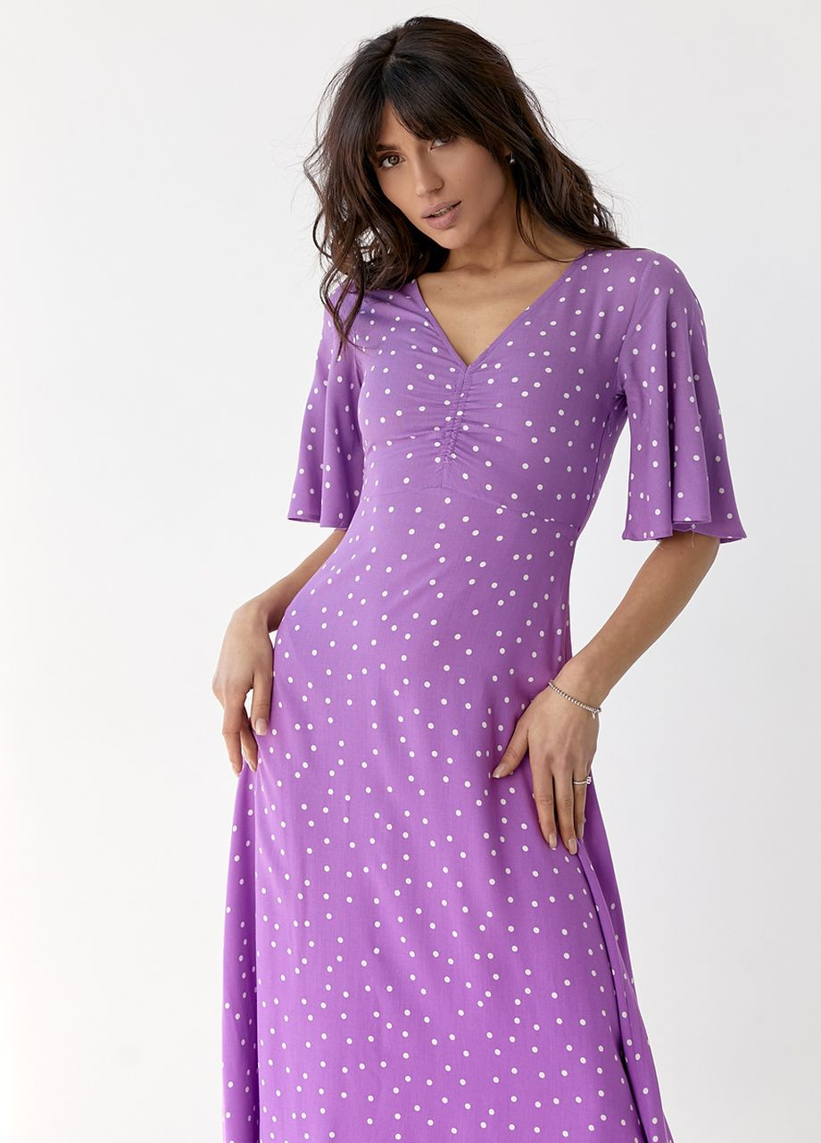 Фіолетова сукня-міді з короткими розкльошеними рукавами Lurex
