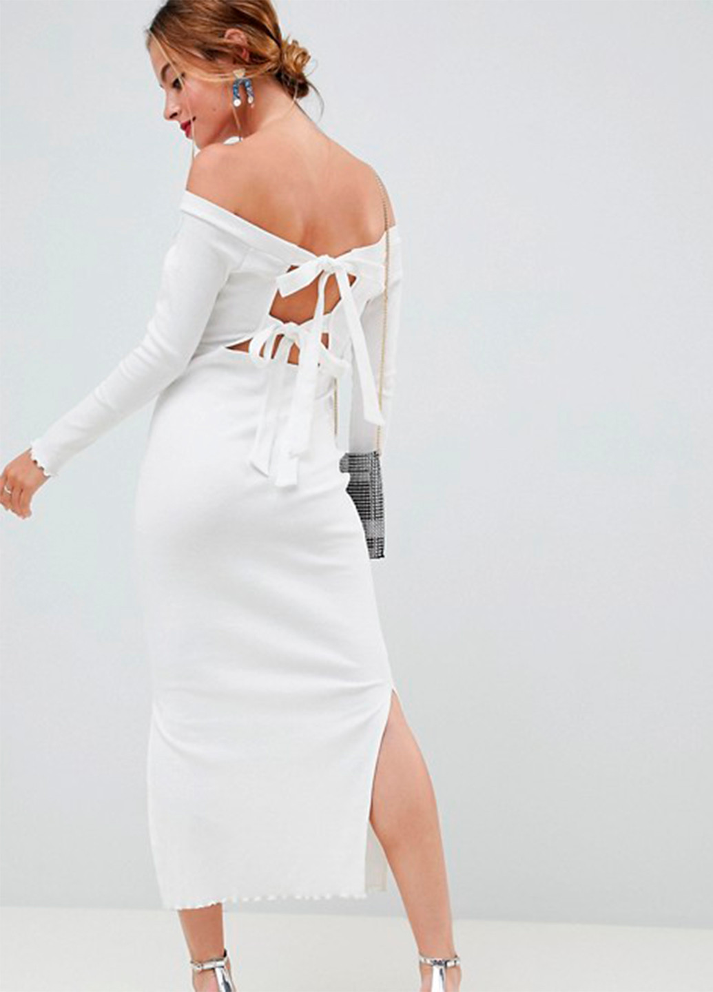 Белое коктейльное женское трикотажное миди платье с открытой спиной, с открытыми плечами, футляр Asos однотонное