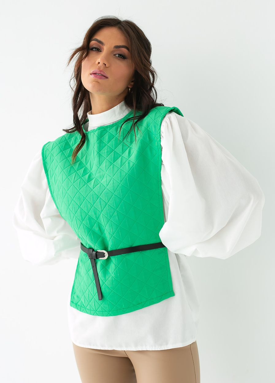 Зелёная блуза с объемными рукавами с накидкой и поясом Elisa