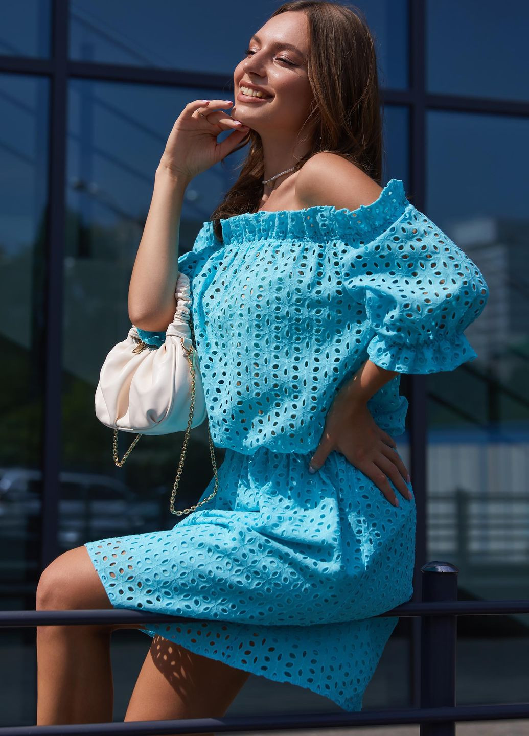 Блакитна повсякденний літня сукня з прошви Jadone Fashion однотонна