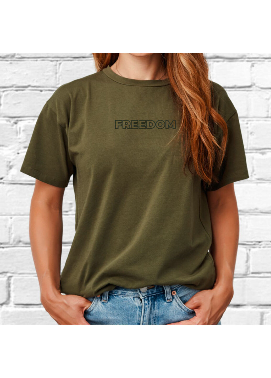 Хакі (оливкова) футболка з вишивкою freedom жіноча millytary green l No Brand