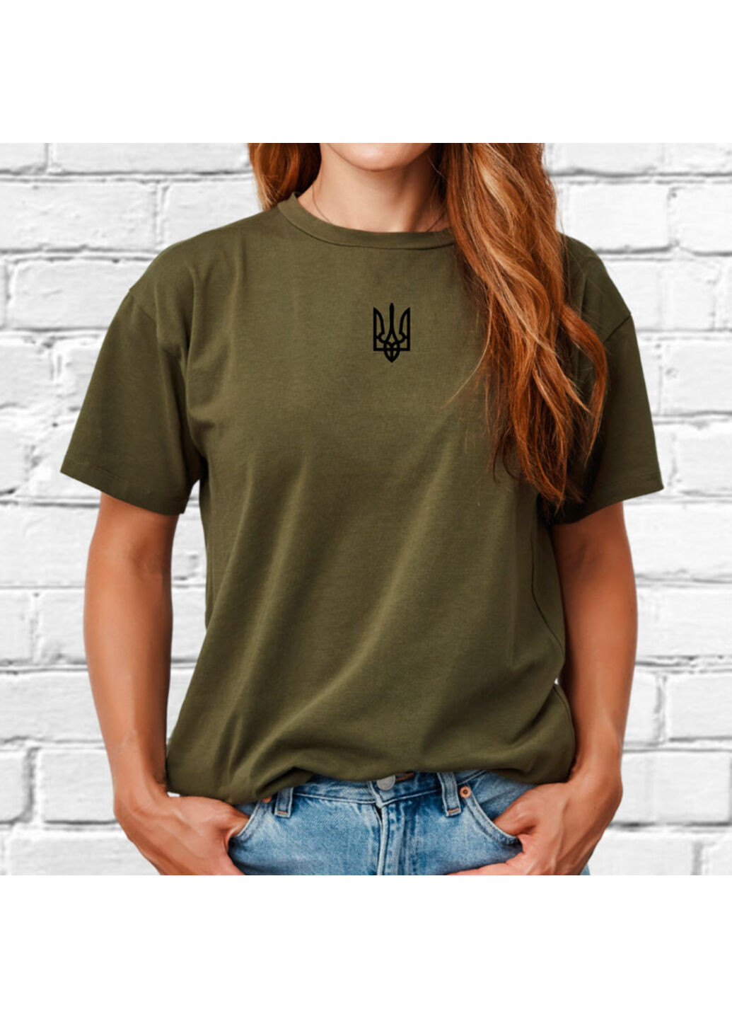 Хакі (оливкова) футболка з вишивкою чорного тризуба жіноча millytary green m No Brand