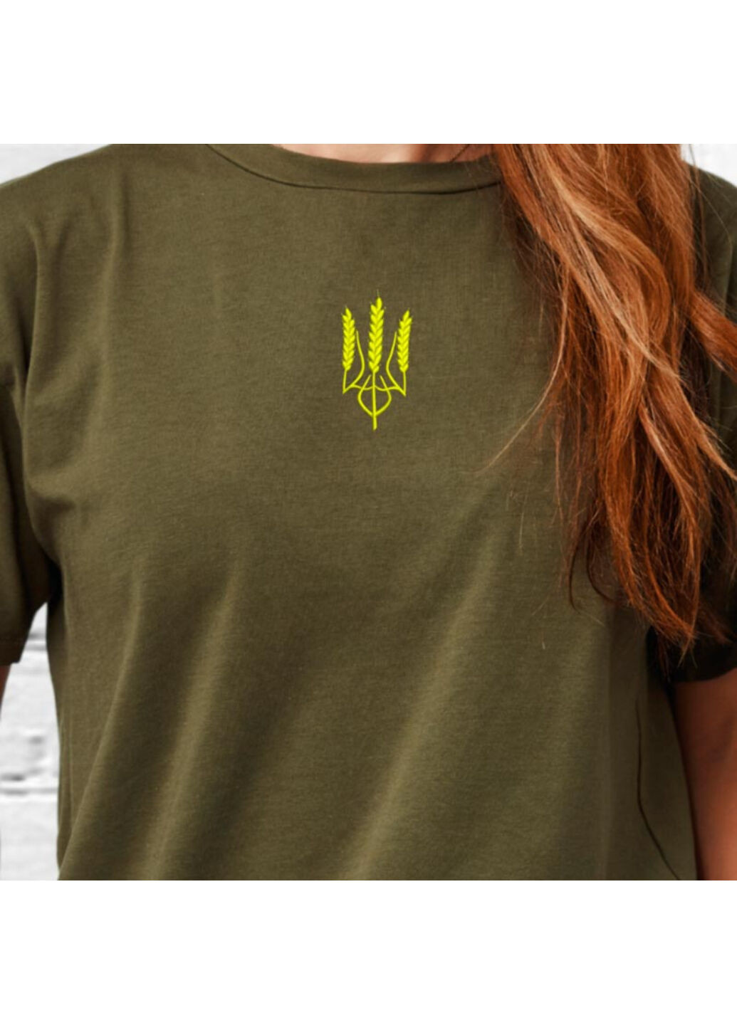 Хакі (оливкова) футболка з вишивкою тризуба (колос) 02 жіноча millytary green m No Brand
