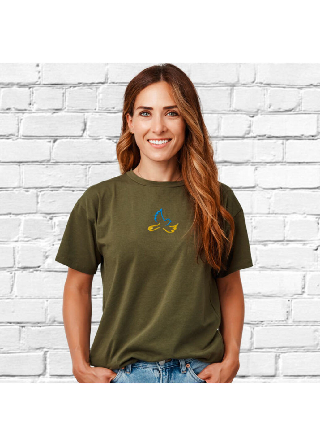 Хакі (оливкова) футболка з вишивкою голуба 02-2 жіноча millytary green s No Brand