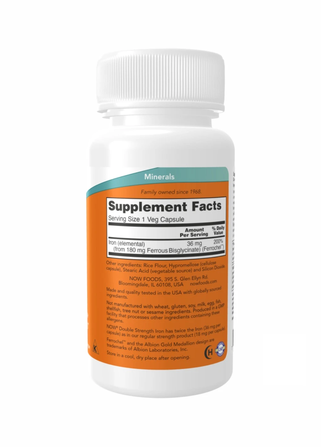 Залізо бісгліцинат, Iron 36mg Ferrochel - 90 vcaps Now Foods (260196219)