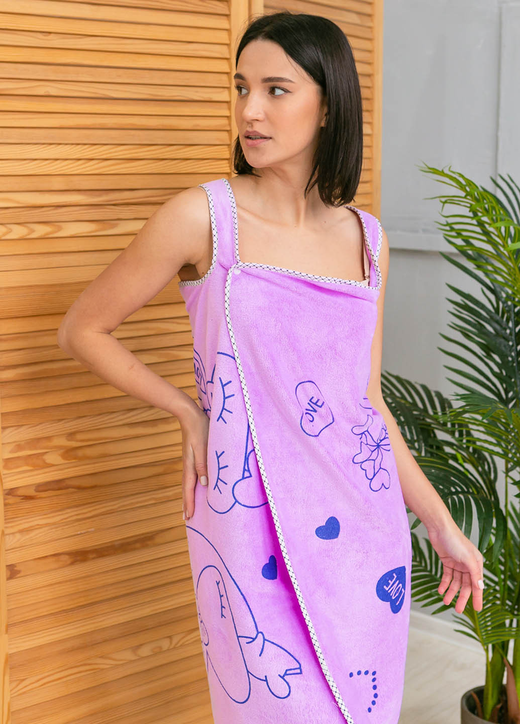 Женское полотенцехалат 140х80 см, микрофибра Homedec сердечки сиреневый