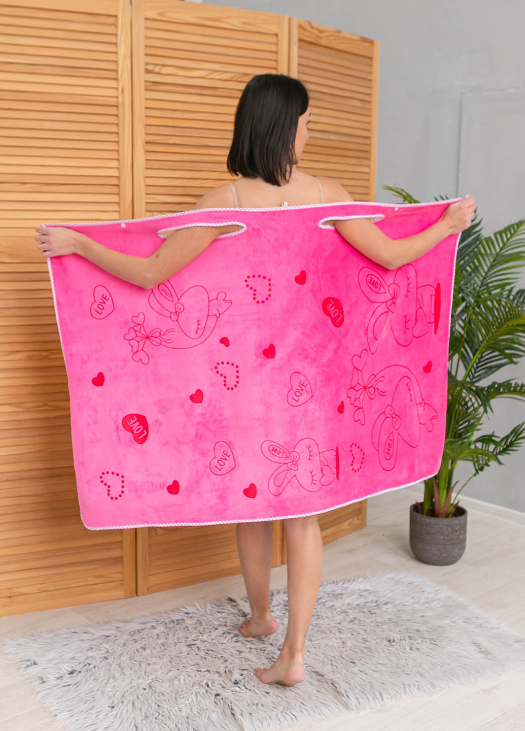 Женское полотенцехалат 140х80 см, микрофибра Homedec сердечки розовый