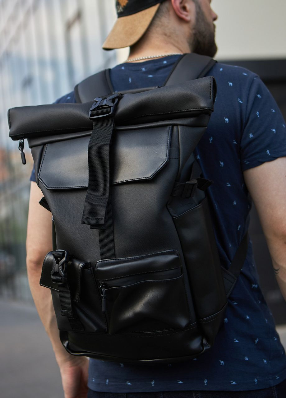 Стильний та практичний рюкзак ролтоп для ноутбука Rolltop для подорожей чорного кольору з екошкіри No Brand rolltopnew (260267419)