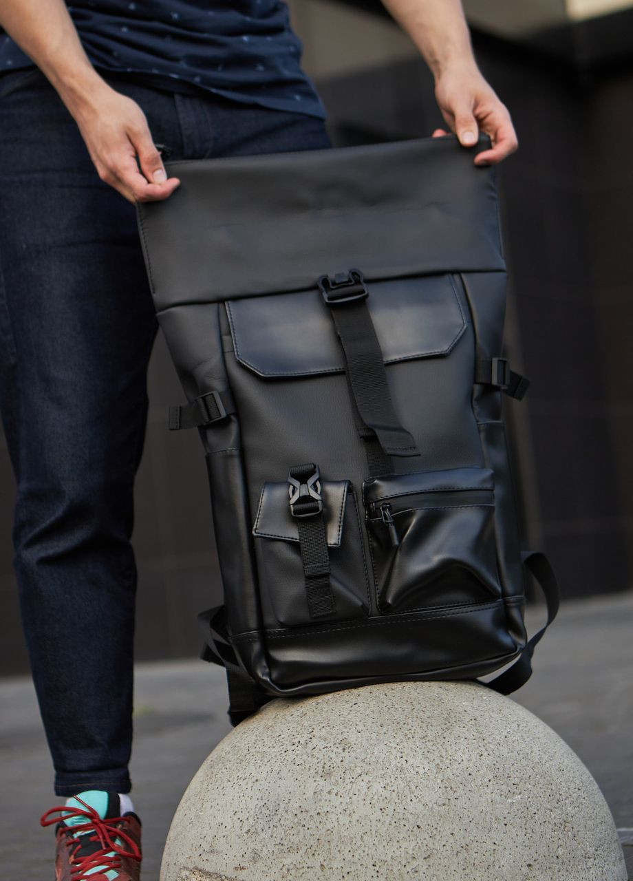 Стильный и практичный рюкзак роллтоп для ноутбука Rolltop для путешествий черного цвета из экокожи No Brand rolltopnew (260267419)