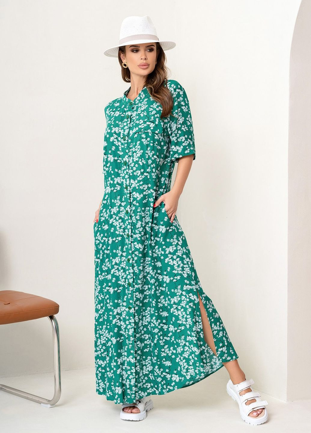 Зелена повсякденний сукня жіноча сорочка ISSA PLUS з квітковим принтом