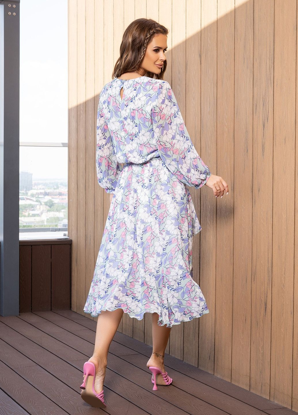 Комбинированное повседневный платье женское клеш ISSA PLUS с цветочным принтом