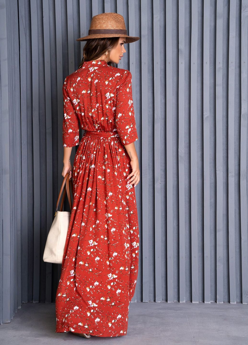 Терракотовое повседневный платье женское клеш ISSA PLUS с цветочным принтом