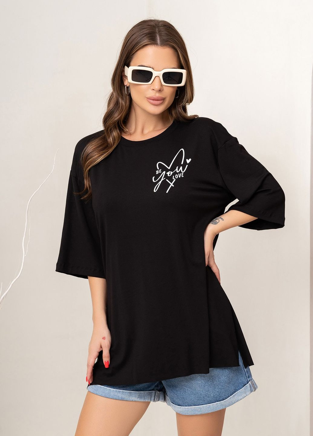 Черная летняя футболка женская с коротким рукавом ISSA PLUS 14079