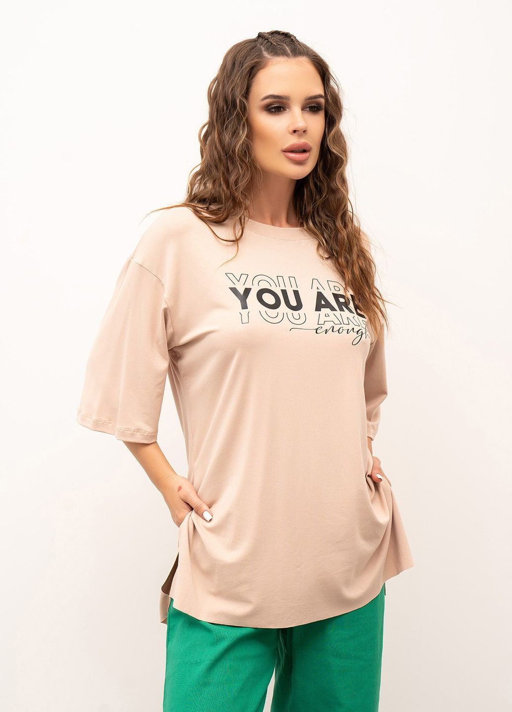 Бежева літня футболка жіноча з коротким рукавом ISSA PLUS 13978