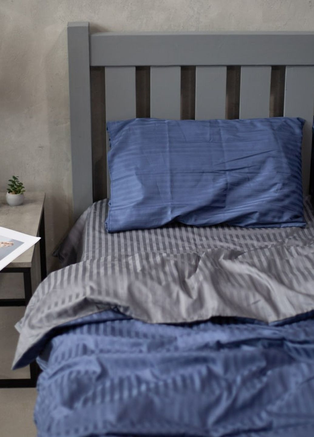 Комплект постельного белья Satin Stripe Blue + Gray 100% хлопок 215х150 см 2 шт, 70х70 см семейный No Brand (260476787)